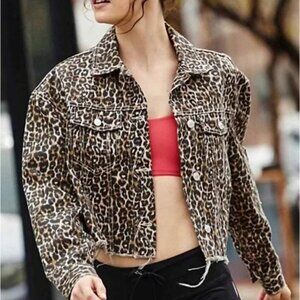 Women’s Free People Cheetah Print Crop Frayed Hem Denim Jacket Size XS